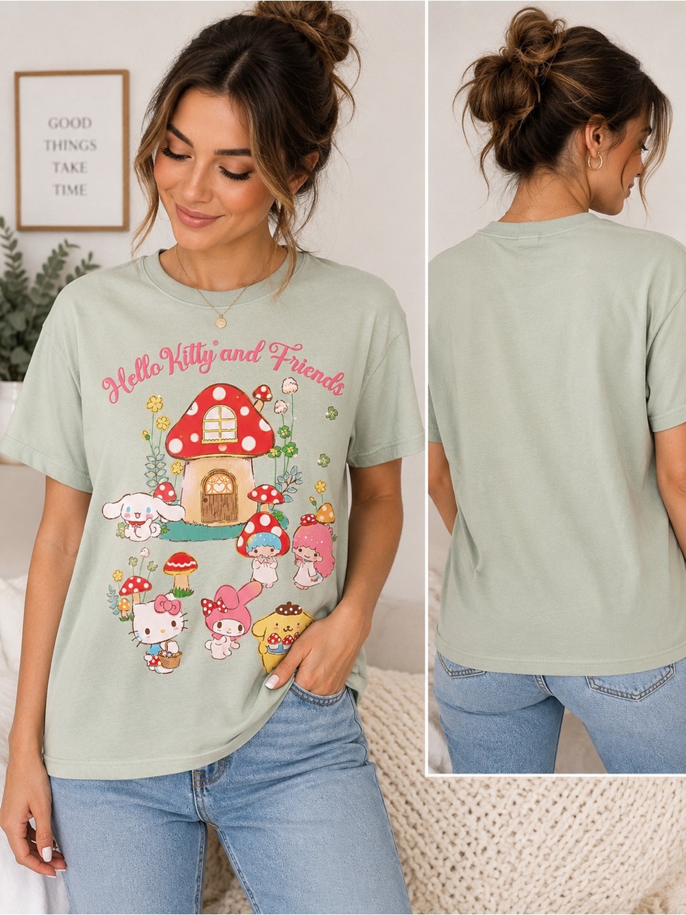 Hello Kitty & Friends Mushroom Cottage Graphic T-Shirt Sanrio Size L